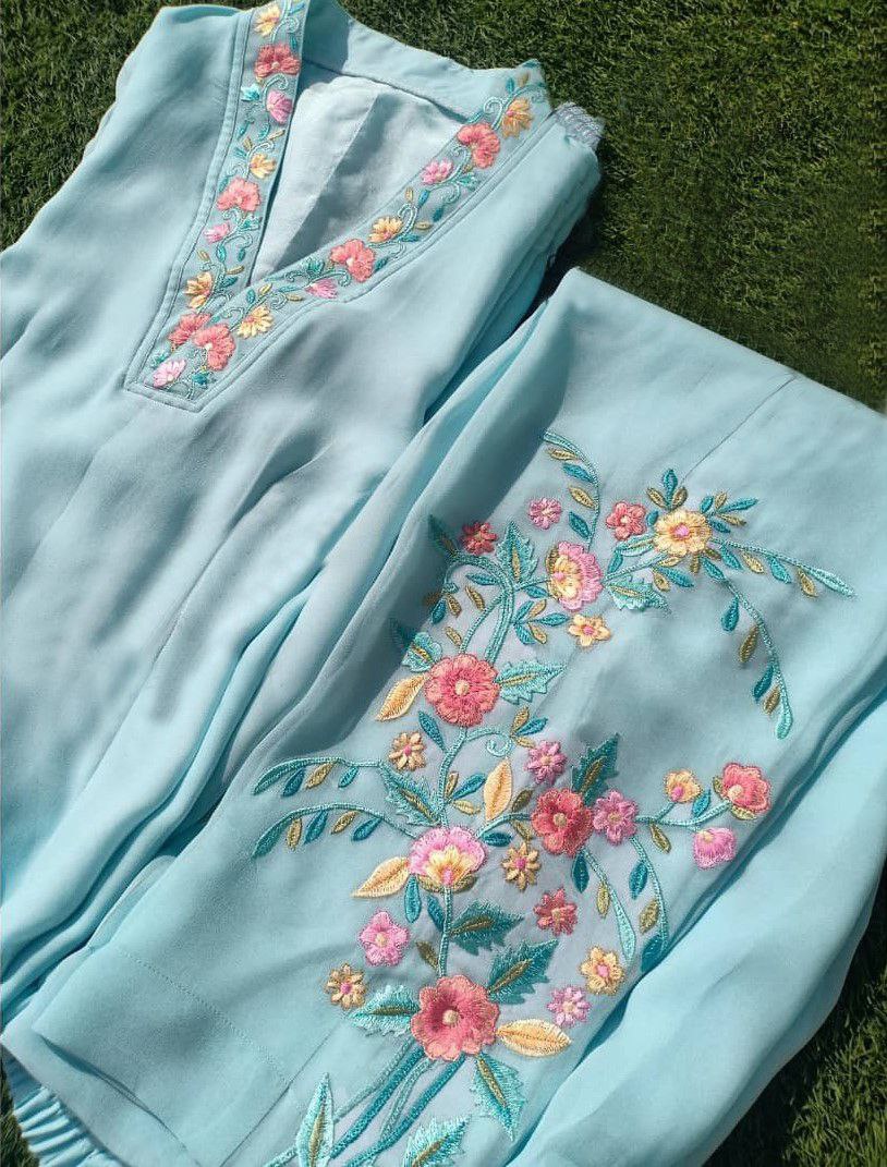 Sky Blue Salwar Suit In Georgette Silk With Thread Work