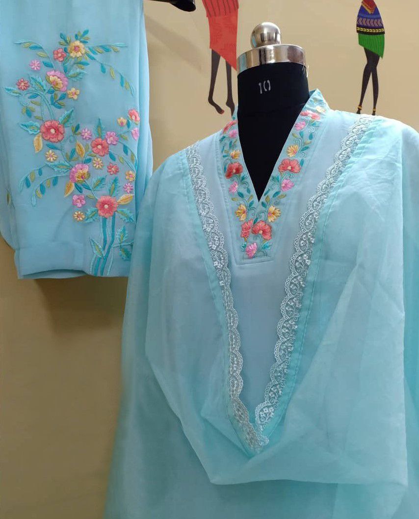 Sky Blue Salwar Suit In Georgette Silk With Thread Work