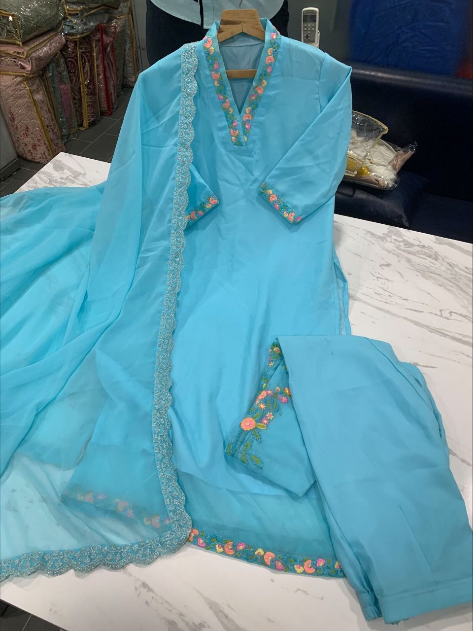 Sky Blue Salwar Suit In Georgette Silk With Thread Work