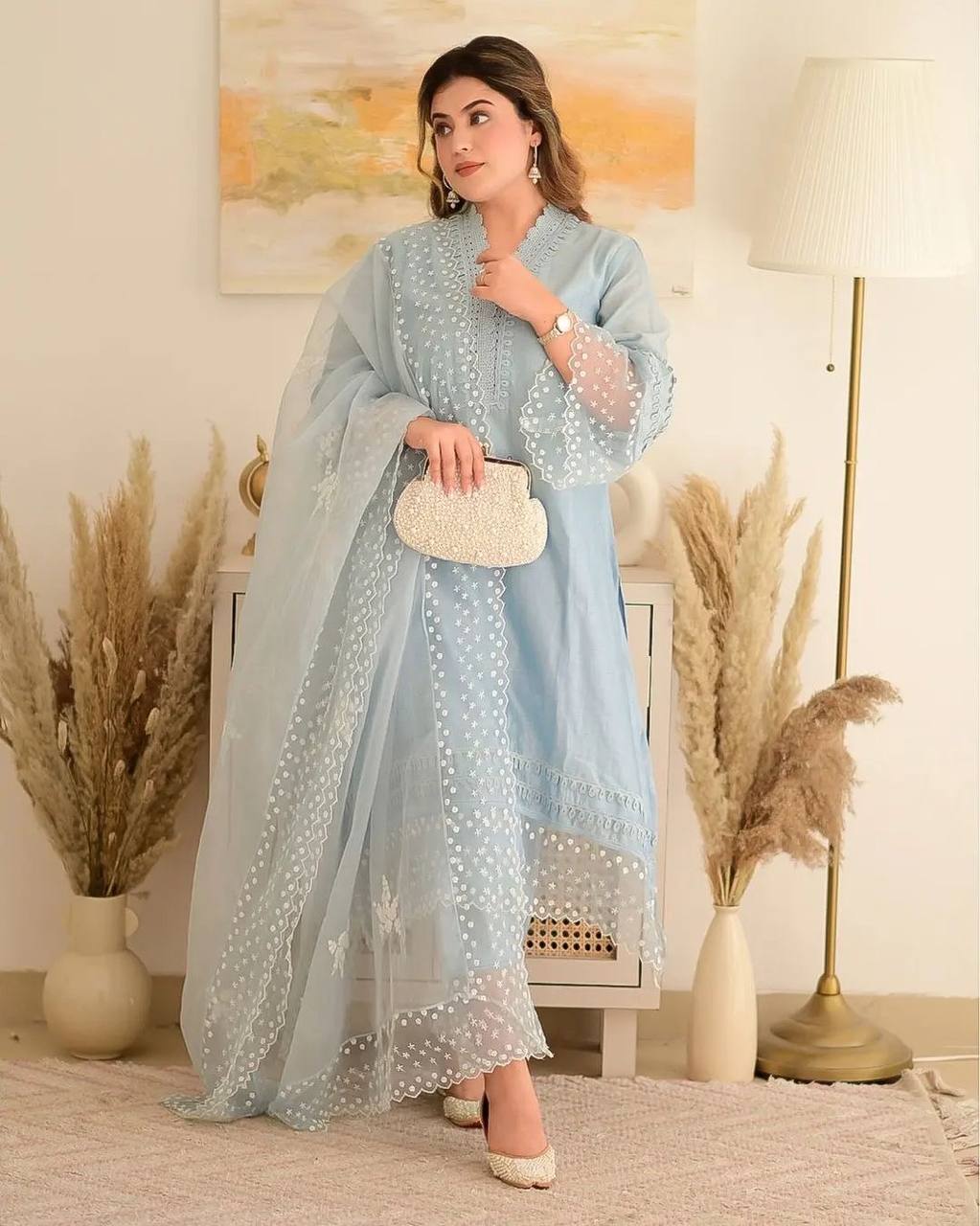 Sky Blue Salwar Suit In Jam Cotton With Embroidery Work