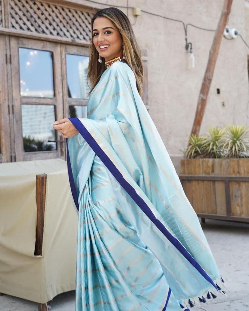 Sky Blue Saree In Japan Satin With Digital Print