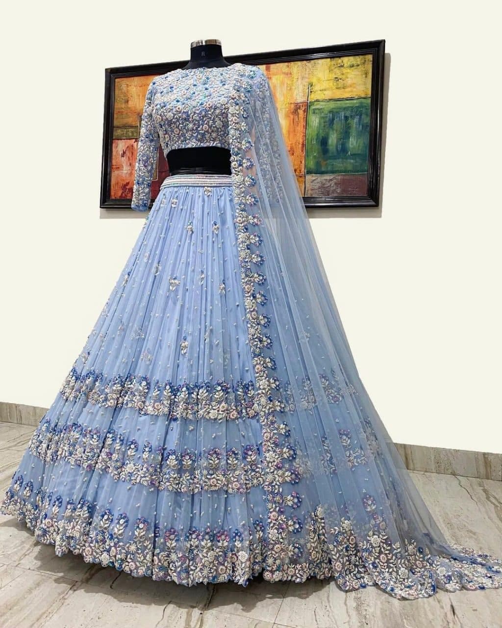 Sky Blue Lehenga Choli In Butterfly Mono Net With Embroidery Work
