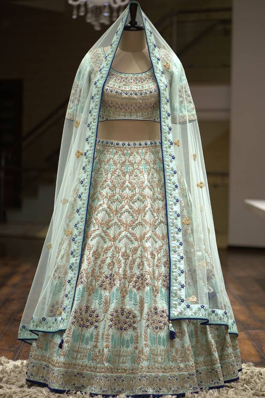 Sky Blue Lehenga Choli In Malai Satin Silk With Multi Embroidery Work