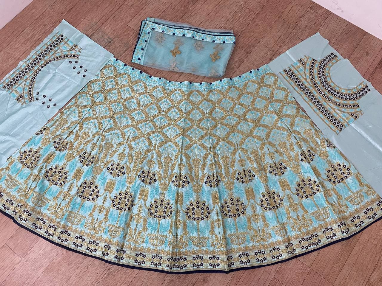 Sky Blue Lehenga Choli In Malai Satin Silk With Multi Embroidery Work