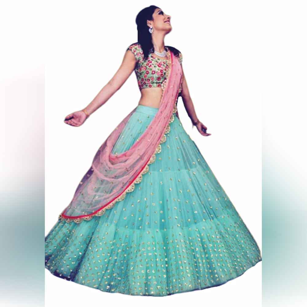 Sky Blue Lehenga Choli In Nylon Mono Net With Sequence Work