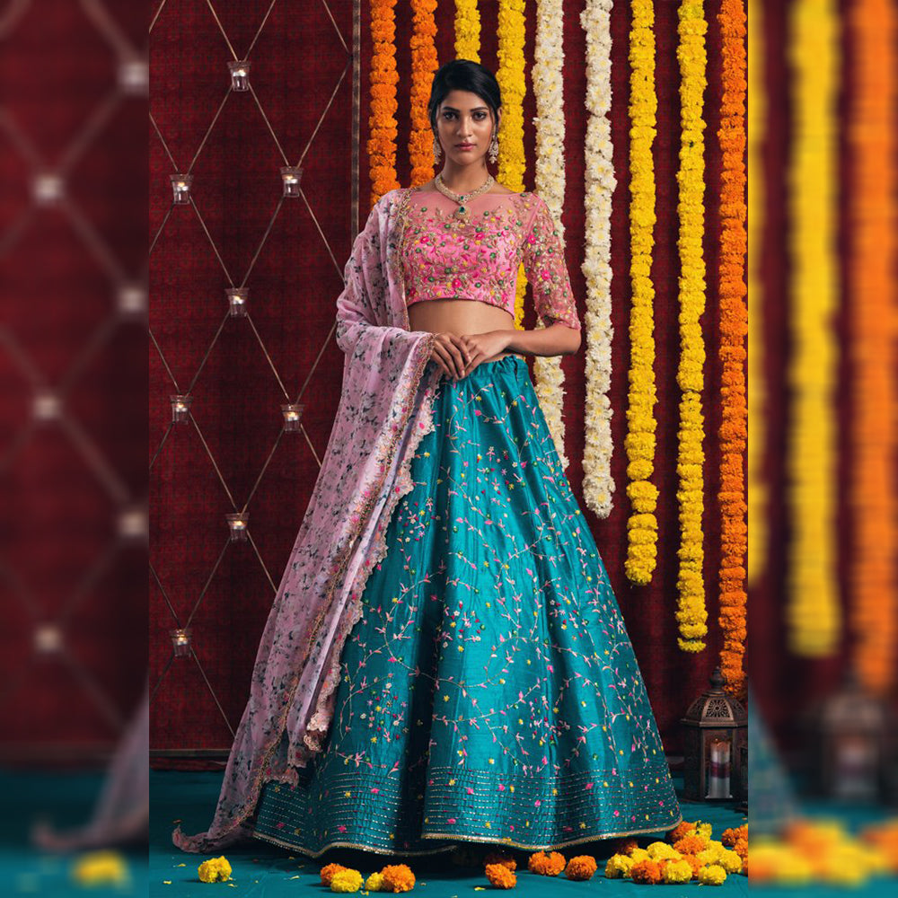 Sky Blue Lehenga Choli In Satin Banglory Silk With Thread Work