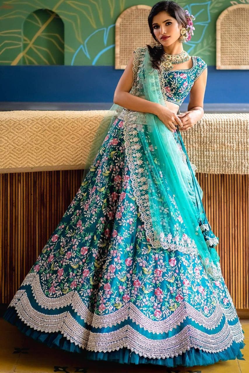 Sky Blue Lehenga Choli In Taffeta Silk With Chain Stitch Work