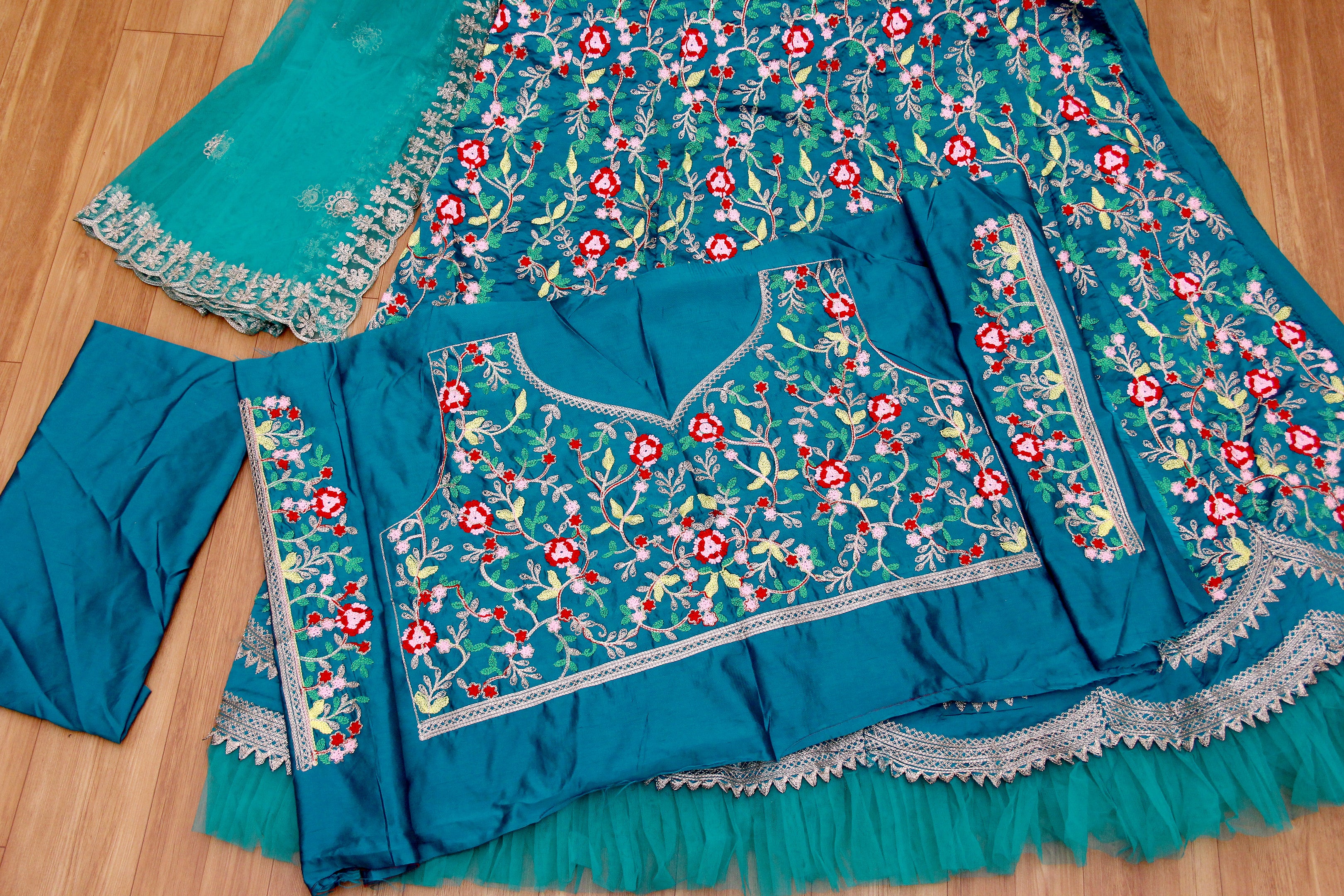 Sky Blue Lehenga Choli In Taffeta Silk With Chain Stitch Work