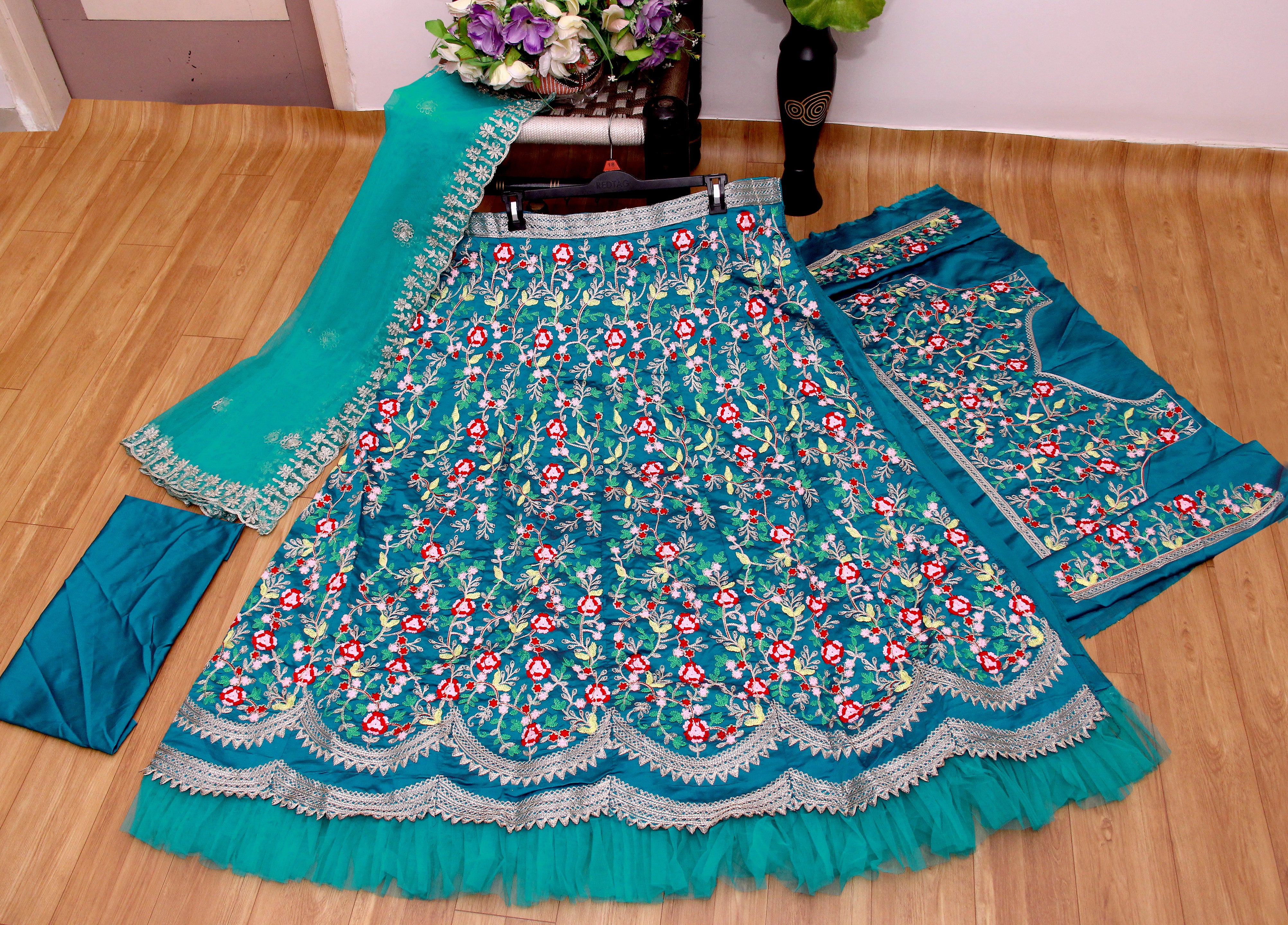 Sky Blue Lehenga Choli In Taffeta Silk With Chain Stitch Work