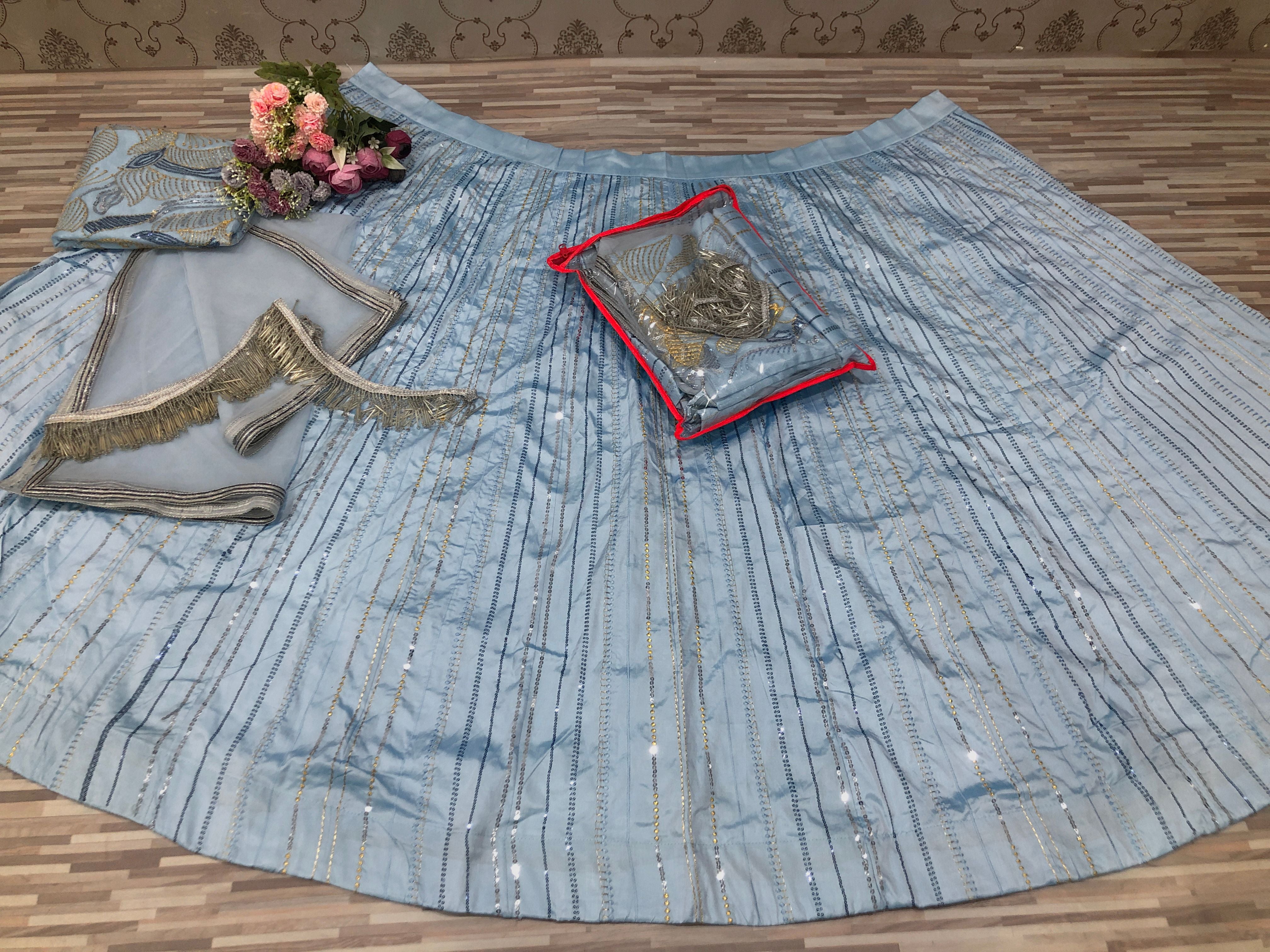 Sky Blue Lehenga Choli In Taffeta Silk With Embroidery Work