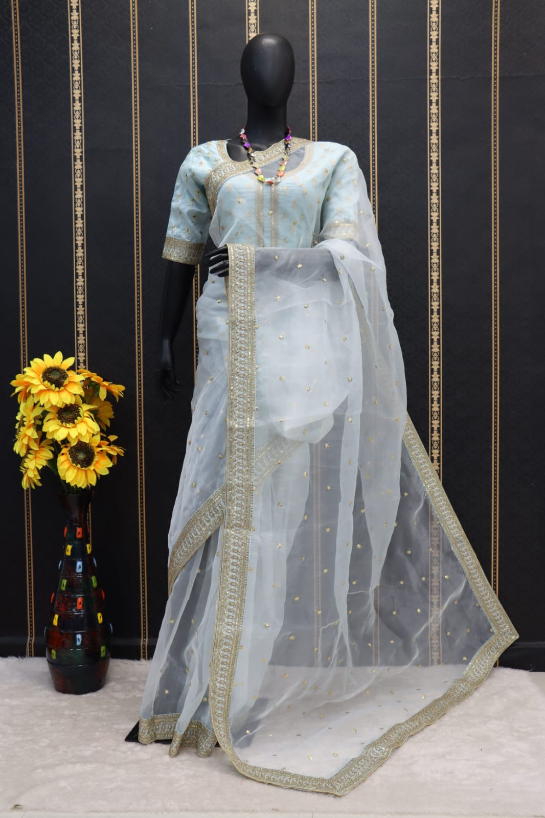 Sky Blue Saree In Organza Silk With Embroidery Work