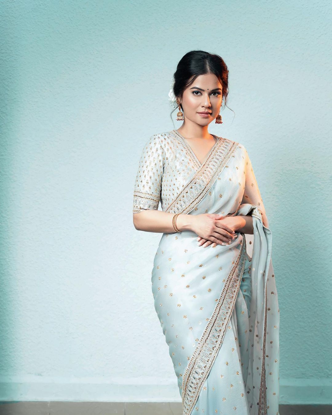 Sky Blue Saree In Organza Silk With Embroidery Work