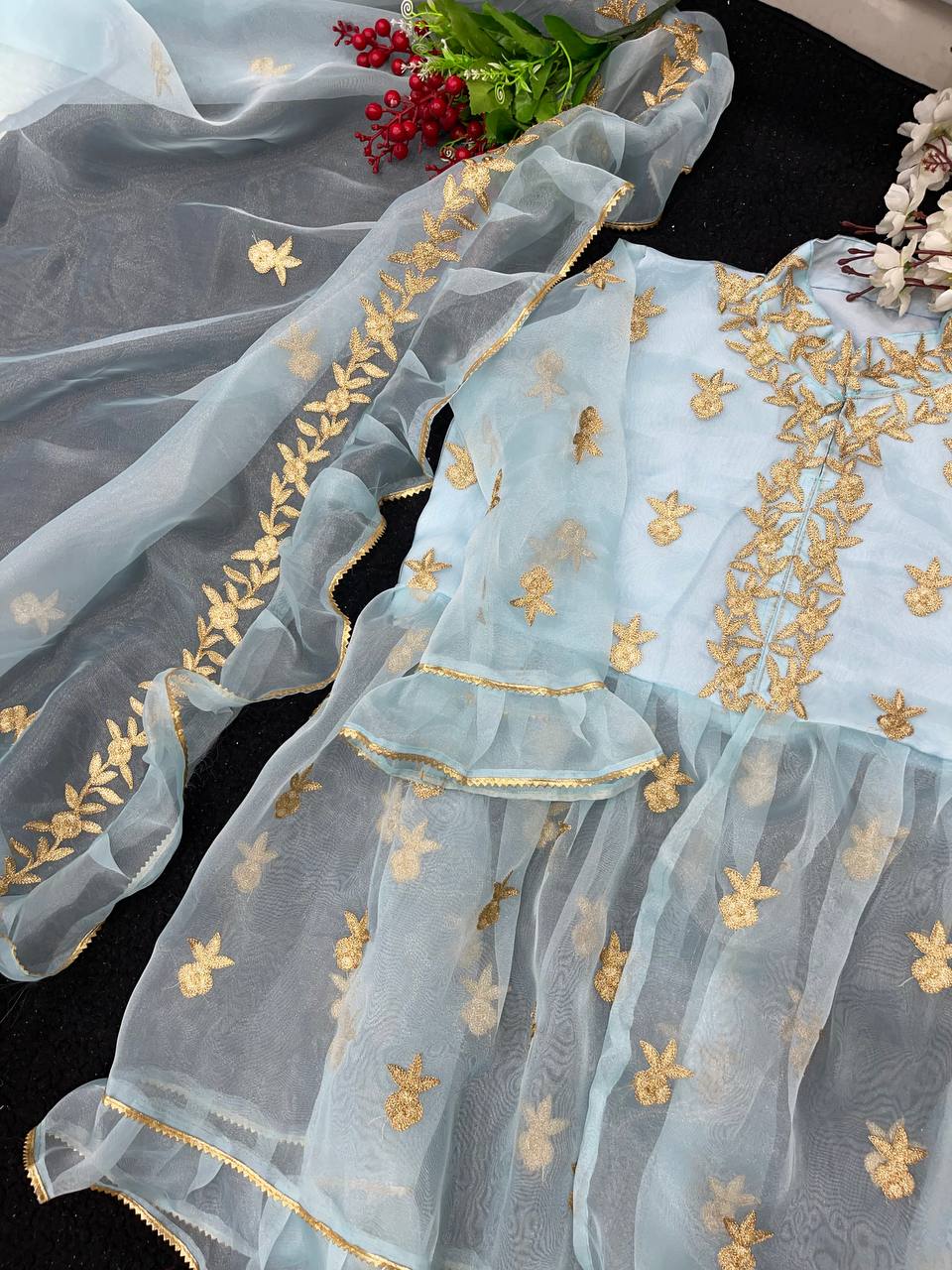 Sky Blue Organza Silk Embroidery Work Saree With Stitched Blouse