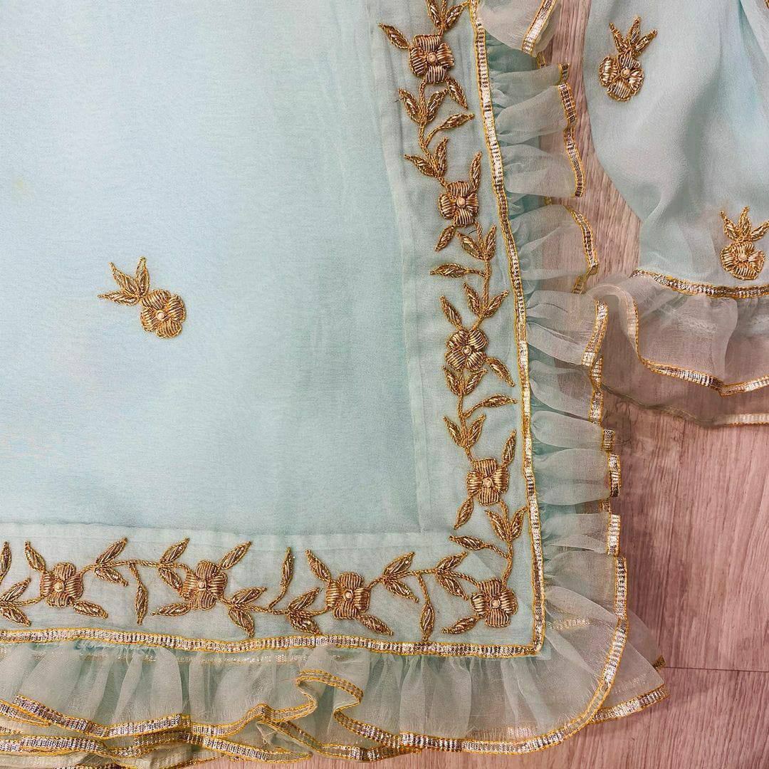 Sky Blue Organza Silk Embroidery Work Saree With Stitched Blouse