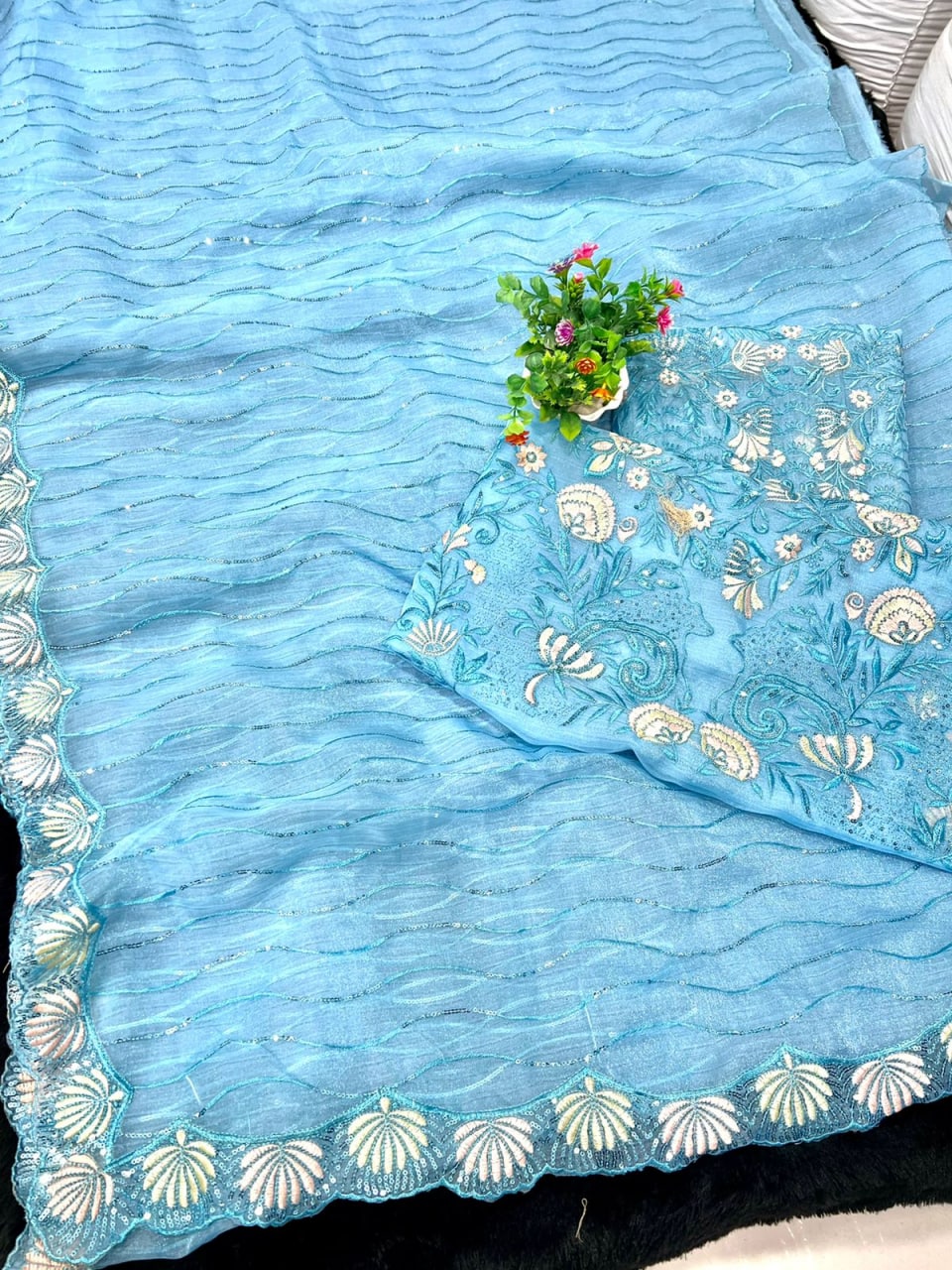 Sky Blue Saree In Organza Silk With Fancy Embroidery Work