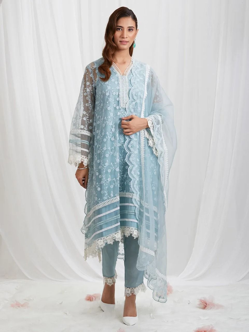 Sky Blue Salwar Suit In Organza Silk With Thread Work