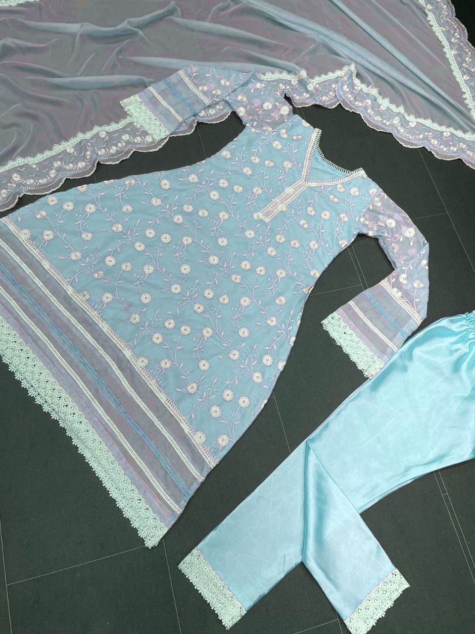 Sky Blue Salwar Suit In Organza Silk With Thread Work