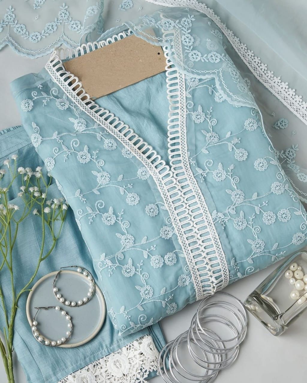 Sky Blue Salwar Suit In Organza Silk With Thread Work