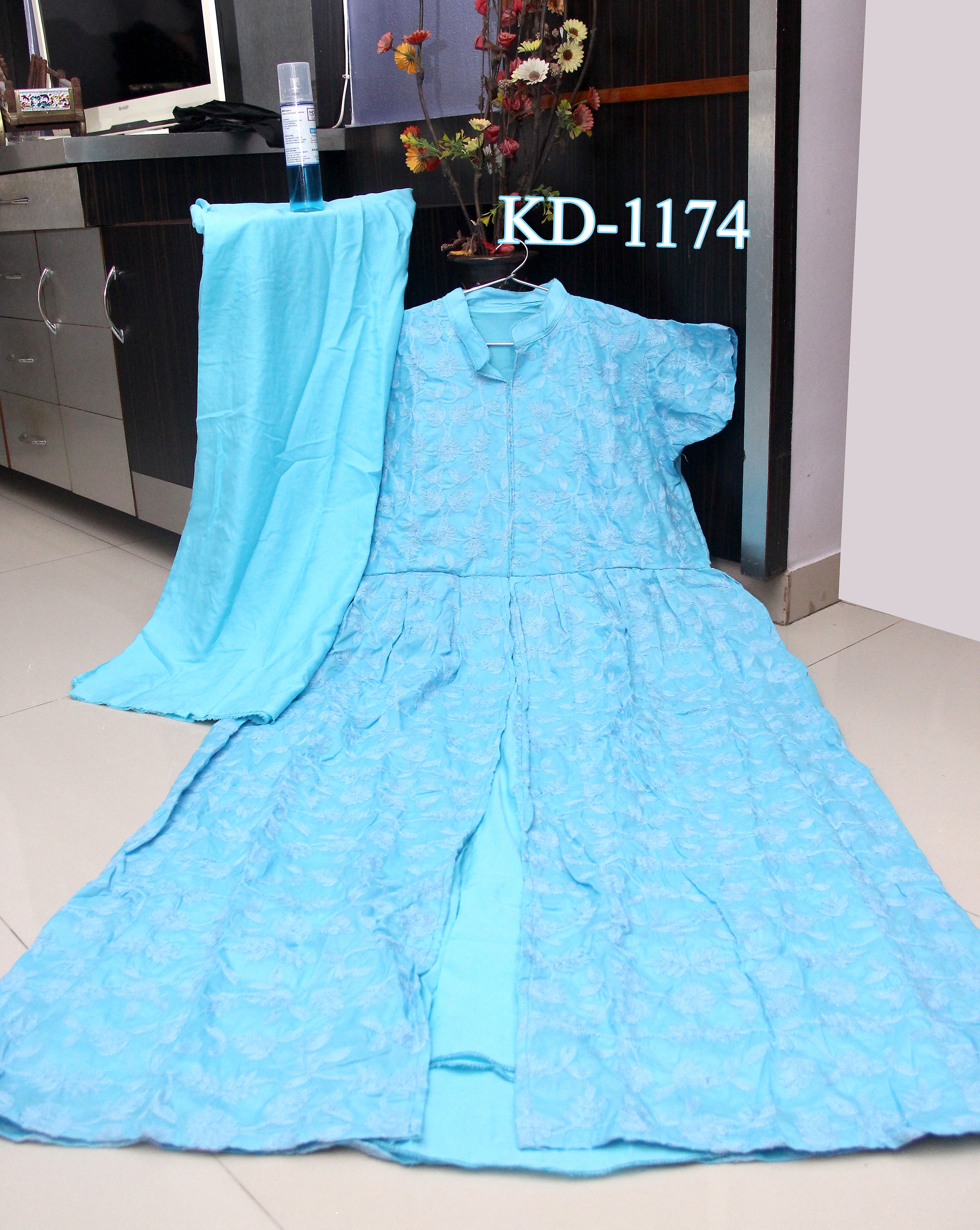 Sky Blue Gown In Pure Cotton With Chain Stitch Work