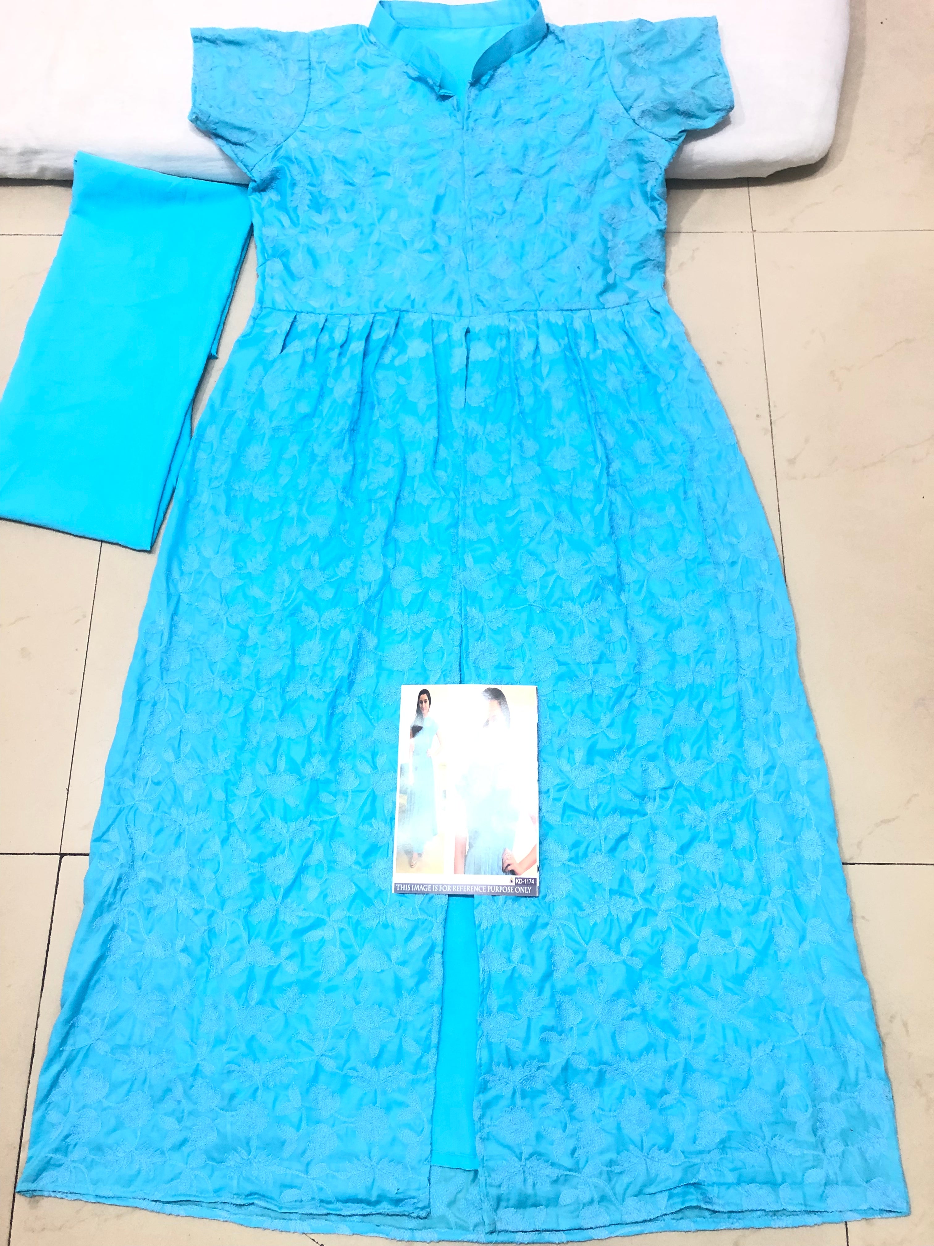 Sky Blue Gown In Pure Cotton With Chain Stitch Work