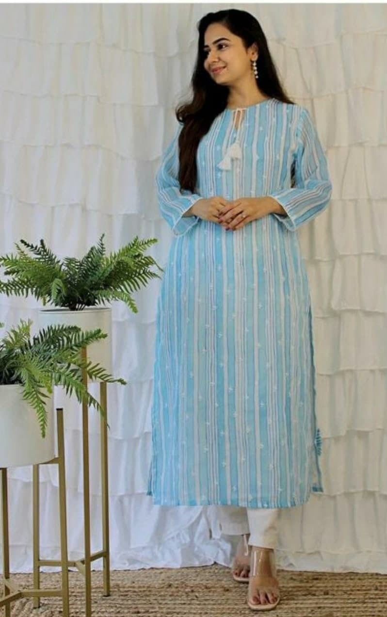 Sky Blue Salwar Suit In Ryon Cotton With Hand Work