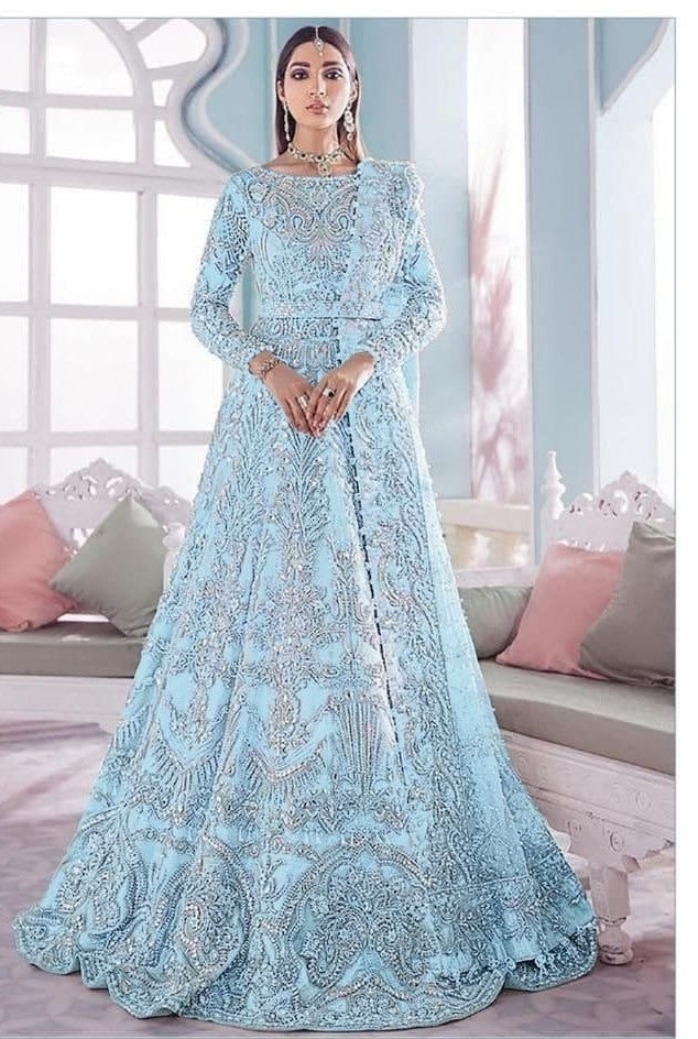 Sky Blue Salwar Suit In Heavy Net With Cording Embroidery Work
