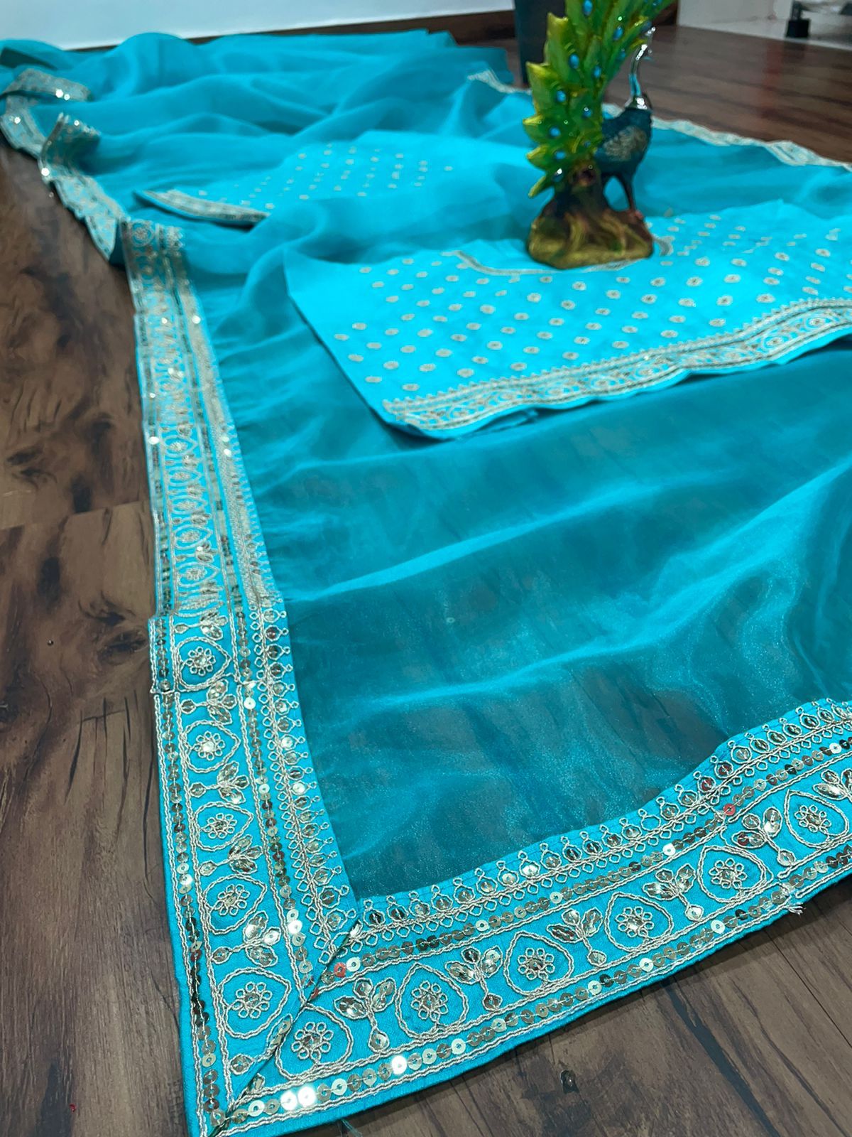 Sky Blue Saree In Organza Silk With Cording Sequence Work