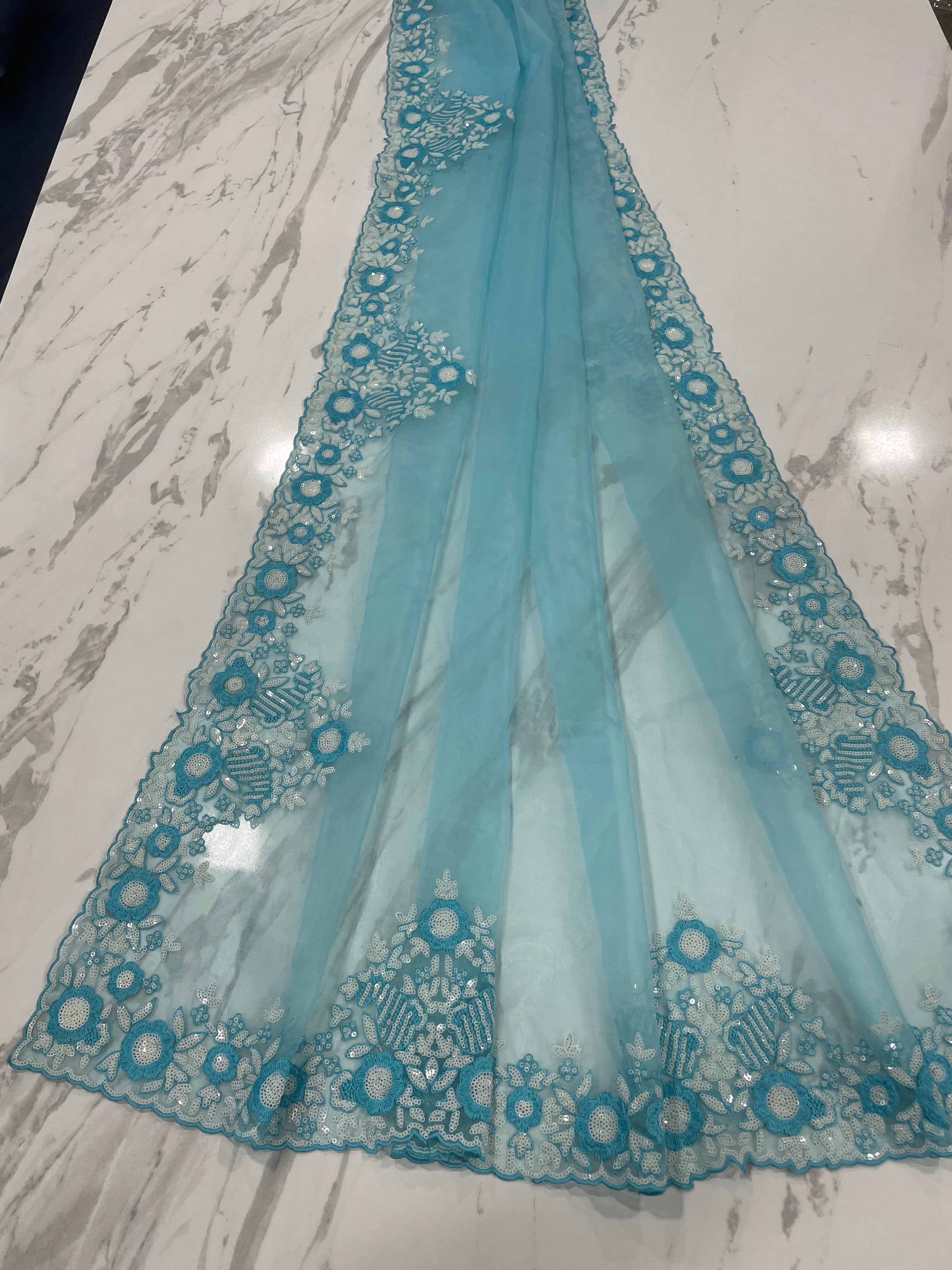 Sky Blue Saree In Organza Silk With Sequence Work