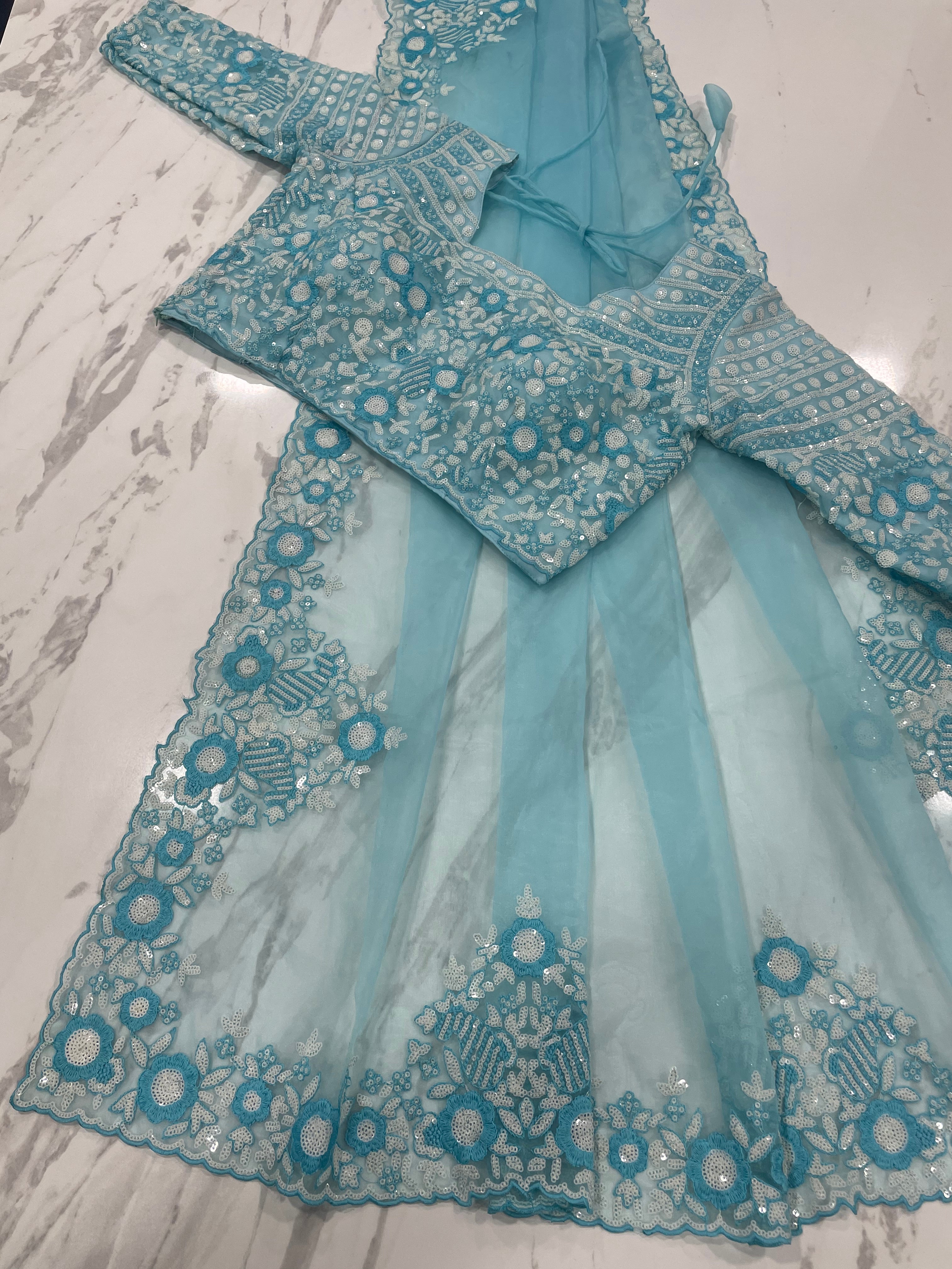 Sky Blue Saree In Organza Silk With Sequence Work