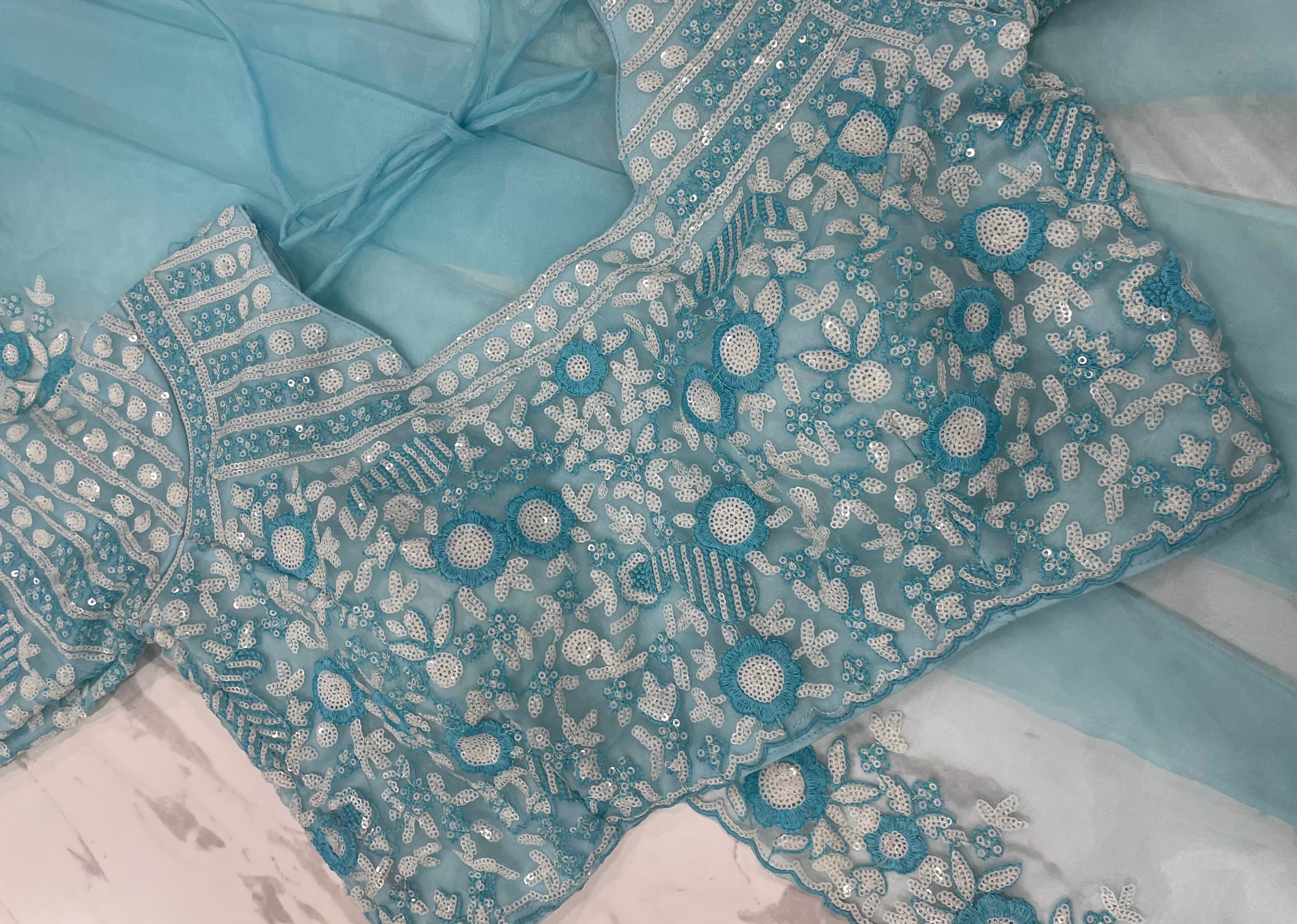 Sky Blue Saree In Organza Silk With Sequence Work