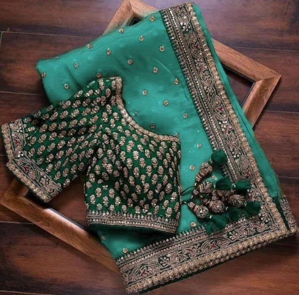 Sky Blue Saree In Rangoli Gerogett Silk With Fancy Thread Work