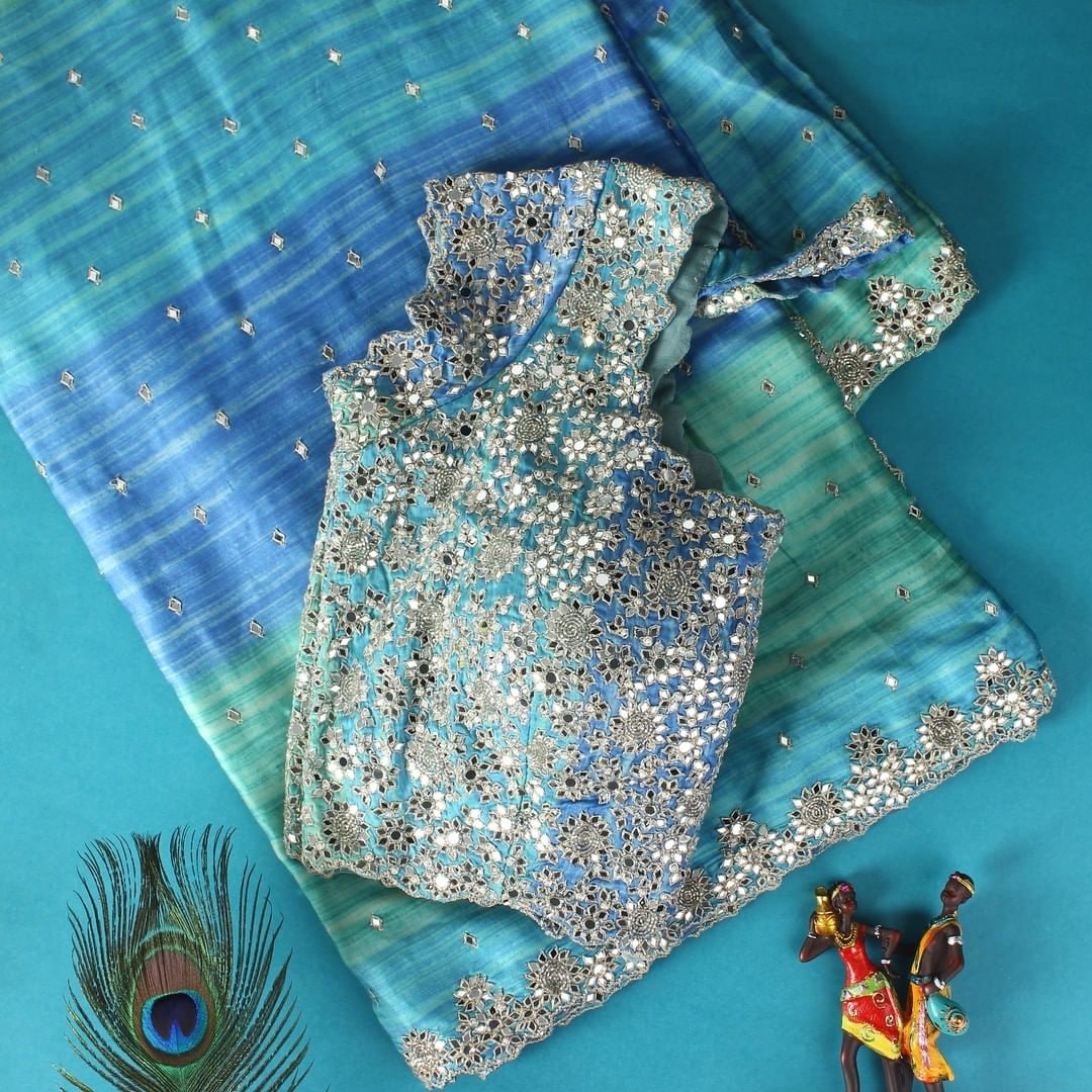 Sky Blue Saree In Vichitra Silk With Digital Print With