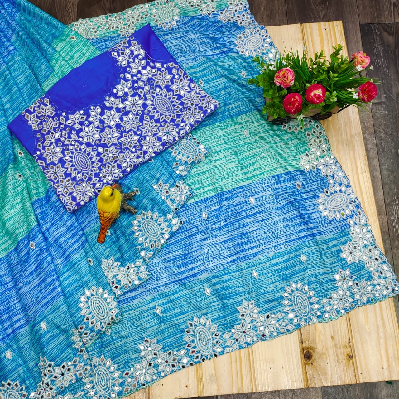 Sky Blue Saree In Vichitra Silk With Digital Print With