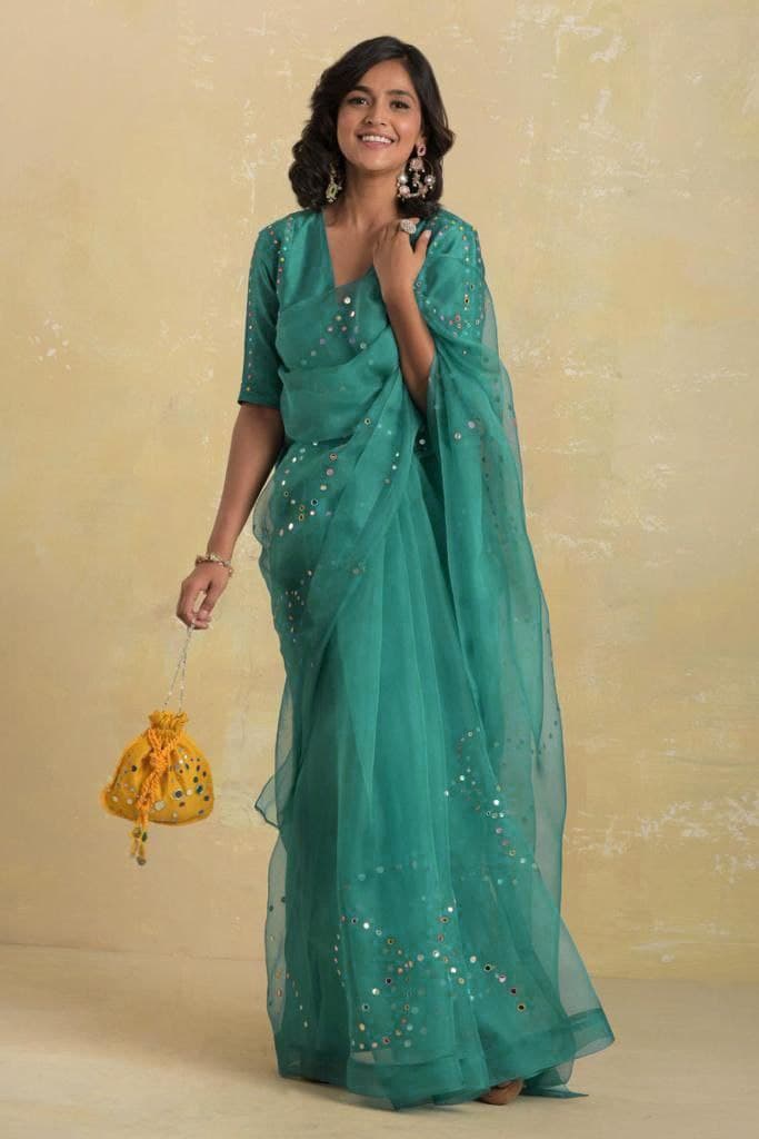 Sky Blue Saree In Organza Silk With Awsome Bubble Arco Work