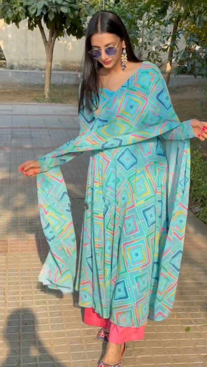 Sky Salwar Suit In Soft Butter Silk With Digital Print