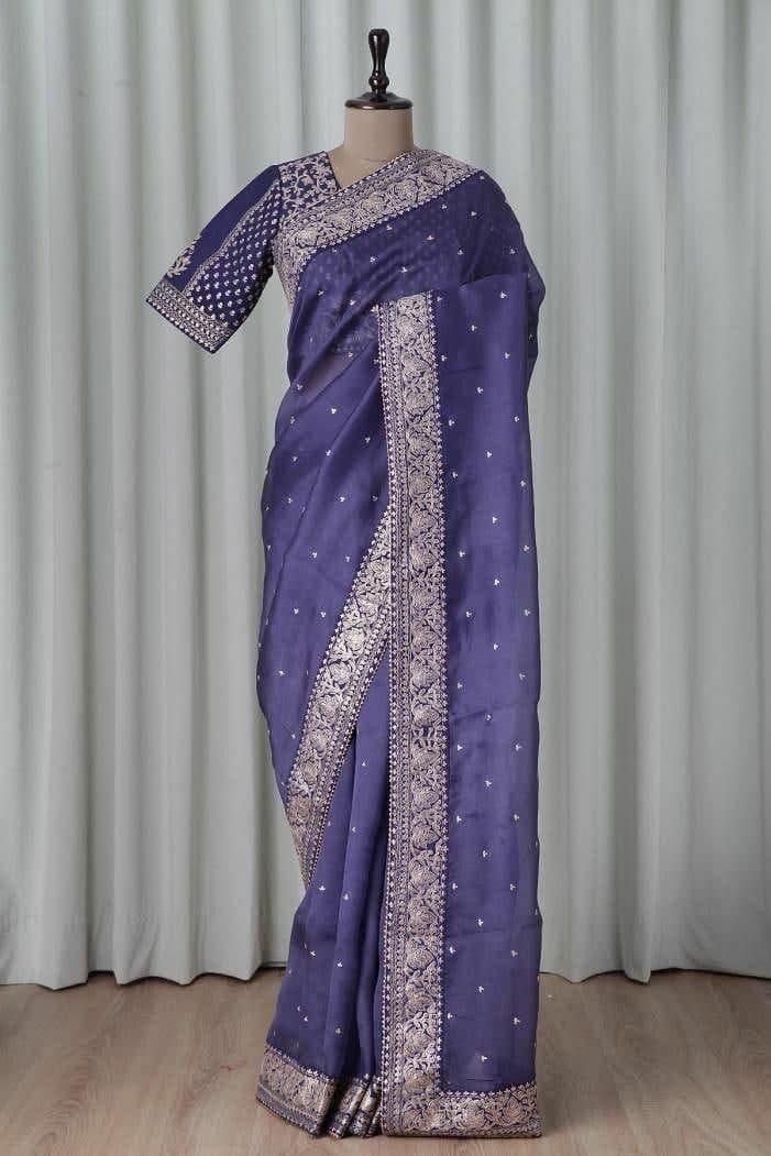 State Blue Saree In Organza Silk With Cording Sequence Work