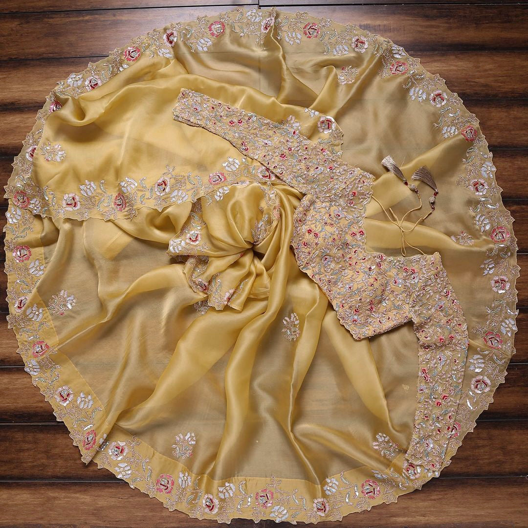 Yellow Saree In Organza Silk With Sequence Work