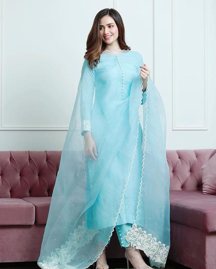 Sky Blue Salwar Suit In Pure Cotton  With Chain Stitch Thread Embroidery Work
