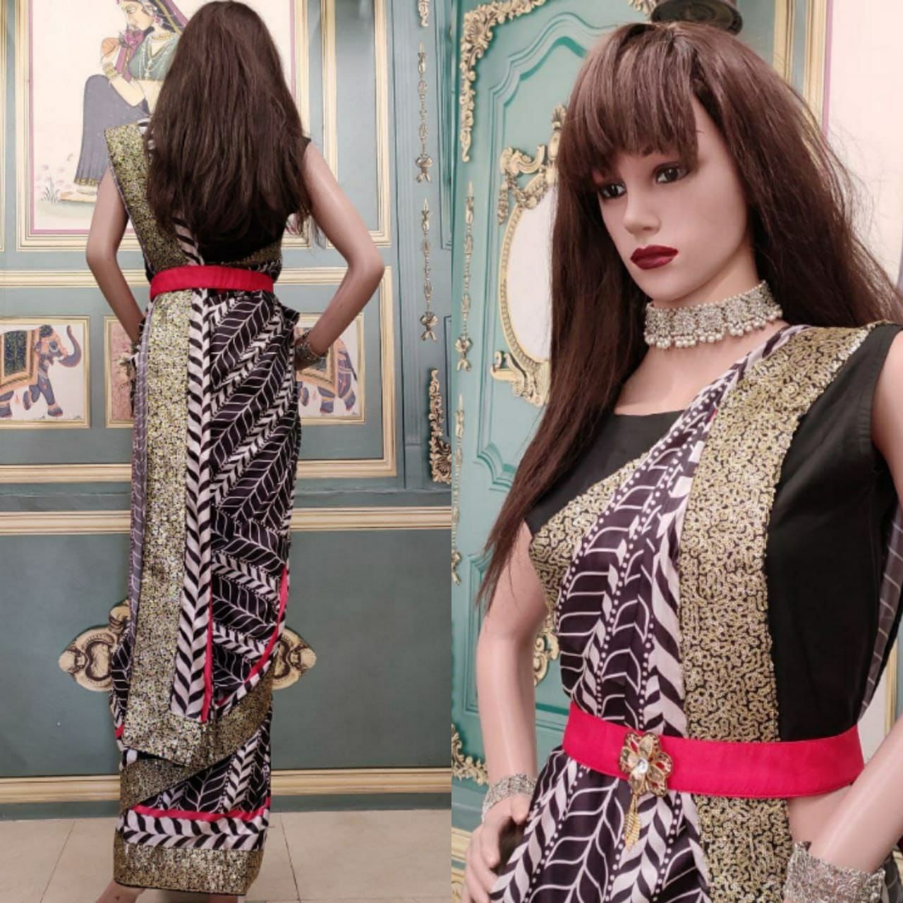 Black Saree In White Paper Silk Digital Printed