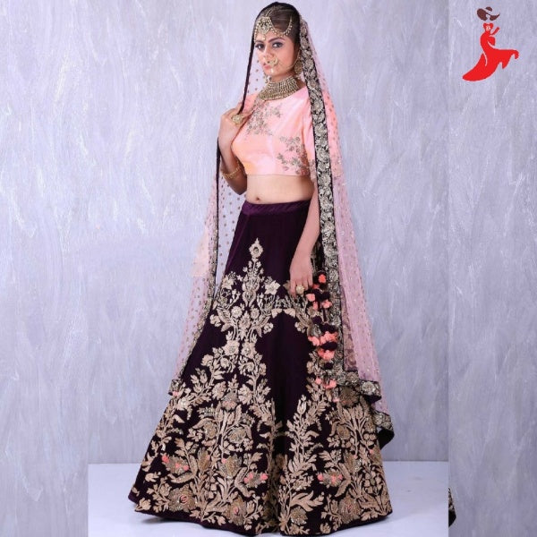 Violet Lehenga Choli In Velvet With Embroidery Work