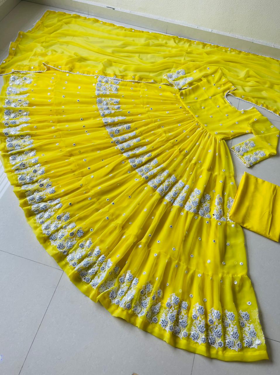 Yellow Anarkali Suit In Fox Georgette With Embroidery Gota Patti Work