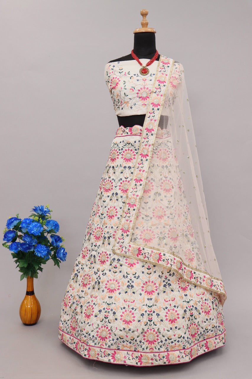 Cream Lehenga Choli In Malai Satin Silk With Thread Work