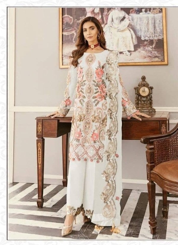 White Palazzo Suit In Nylon Mono Net With Embroidery Work