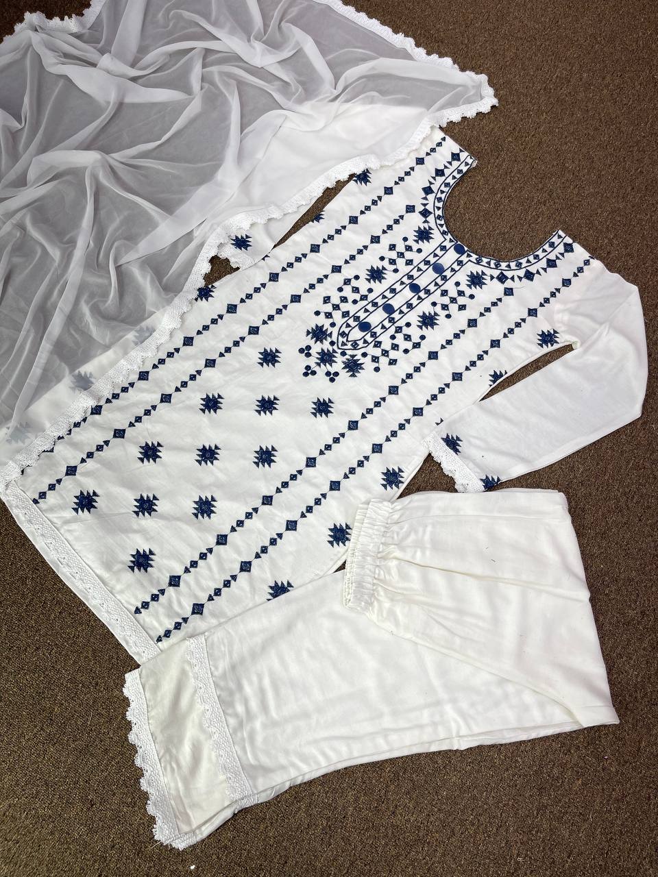 White Salwar Suit In 14 KG Ryon Cotton With Embroidery Work