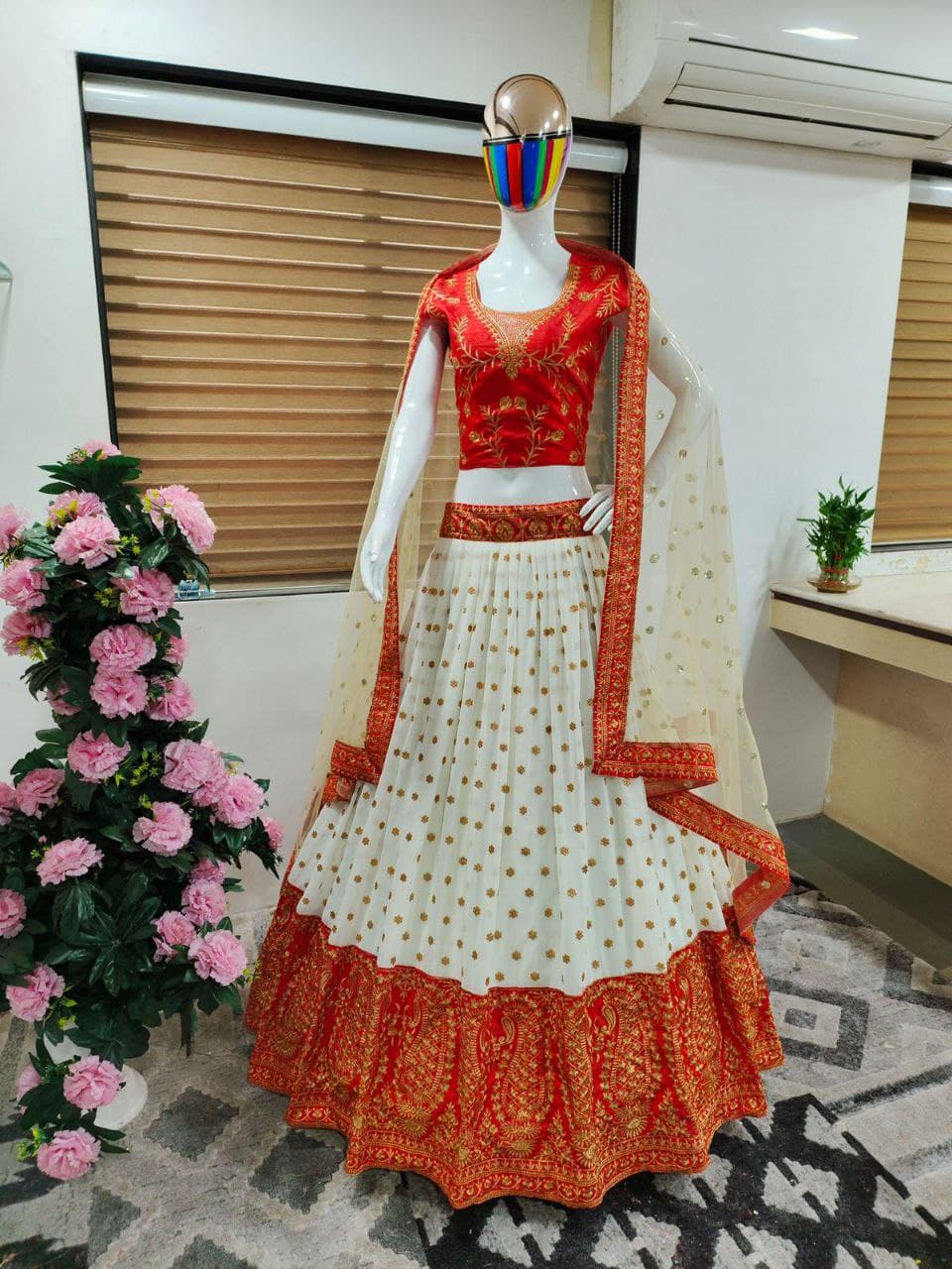 White Lehenga In Blooming Fox Georgette With Embroidery Work