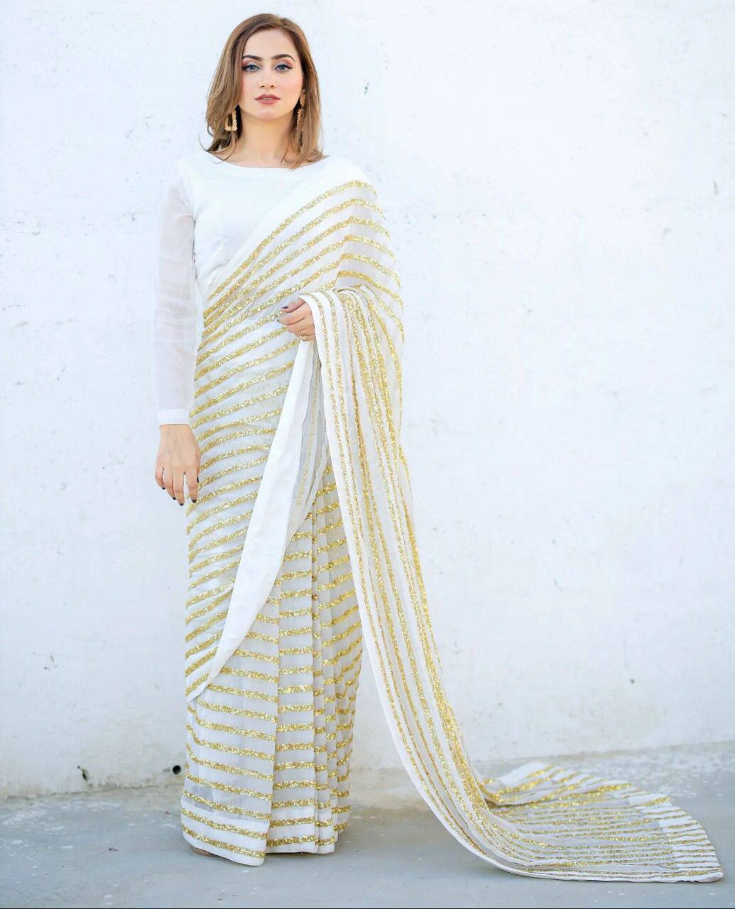 White Color Georgette and Sequence Work Bollywood Style for Any Sangee –  BEST SAREE