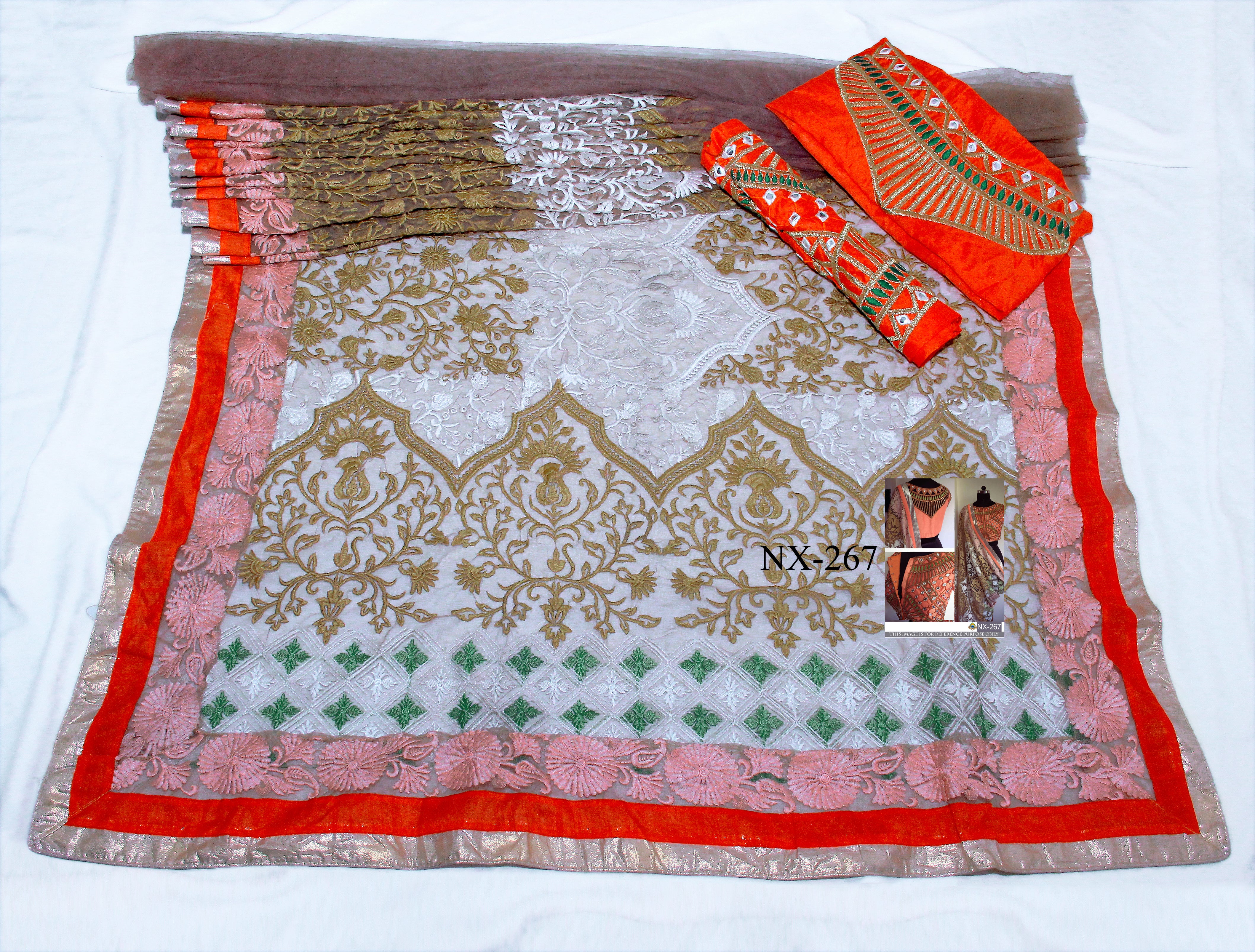 White Brown Saree In Nylon Mono Net With Fancy Thread Work