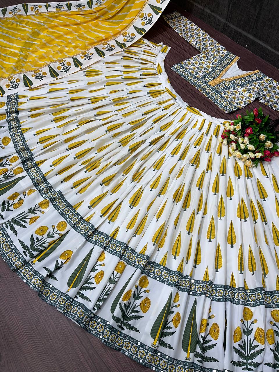 White Lehenga Choli In Butter Silk With Digital Print