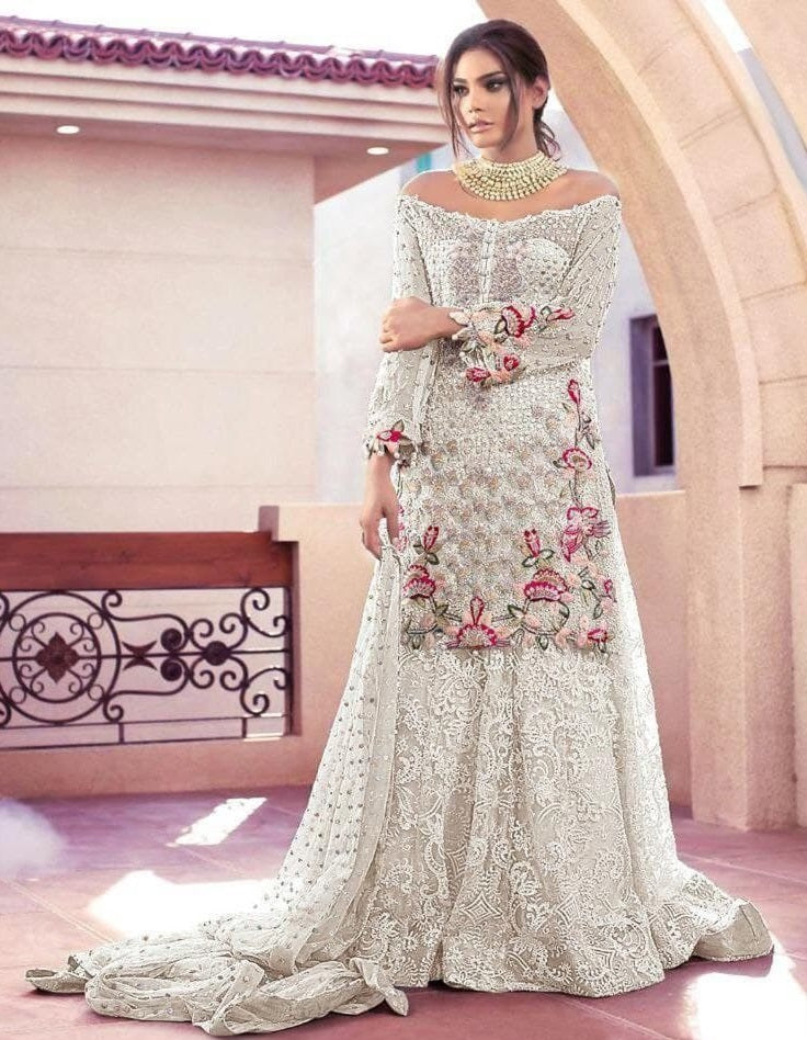 White Sharara Suit In Butterfly Mono Net With Embroidery Work