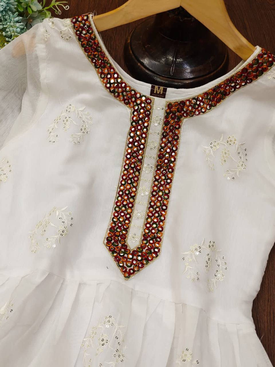 White Anarkali Suit In Chanderi Silk With Sequence Work